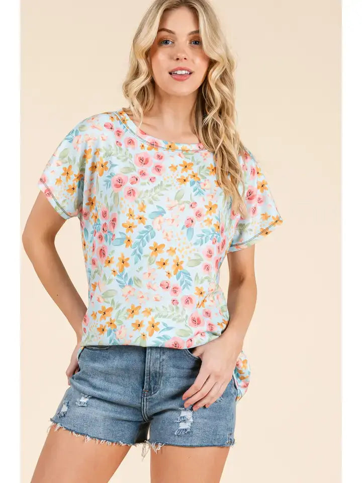 SKYBLUE FLORAL KNIT SHORT SLEEVE TOP