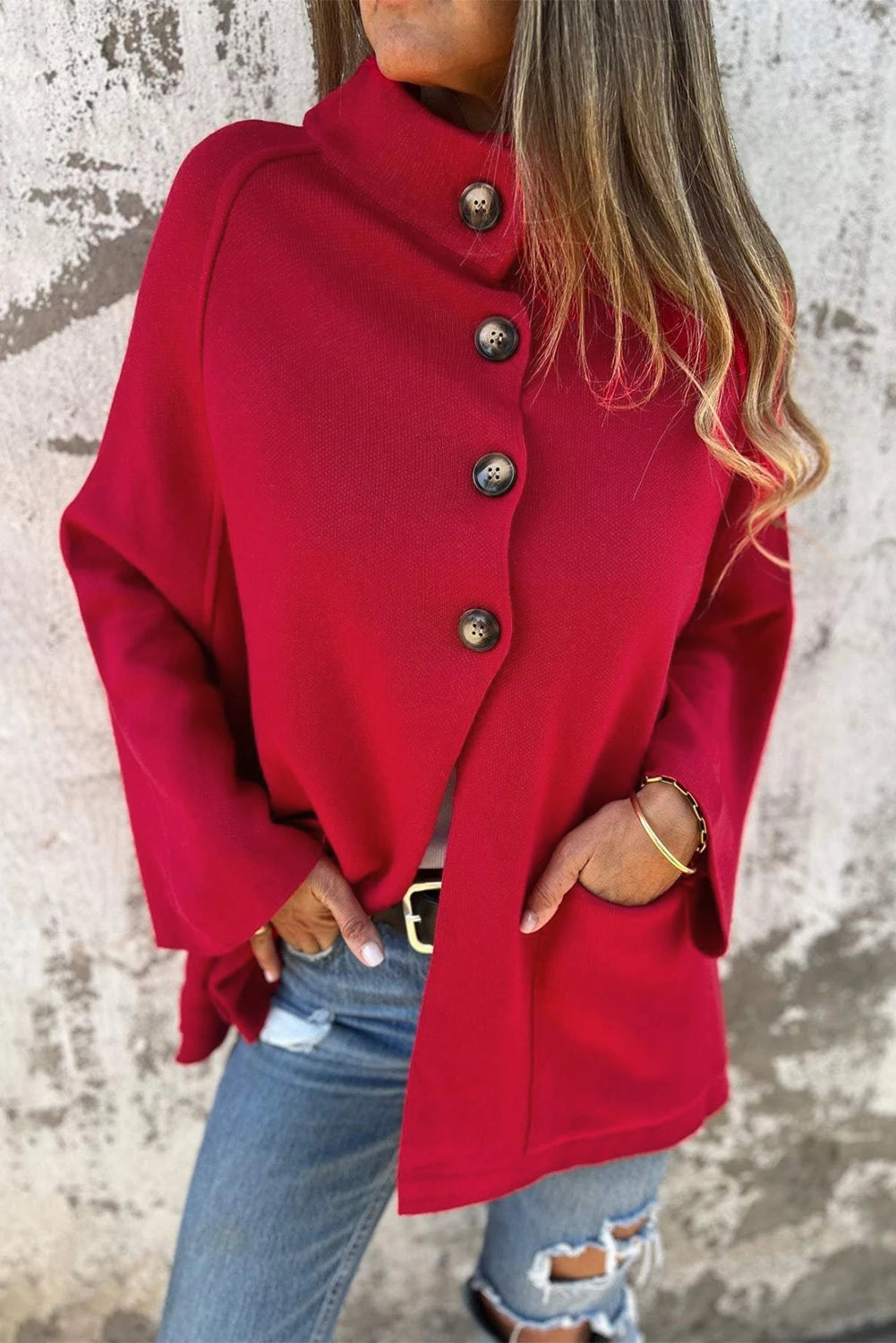 RED COLLARED BUTTON FRONT WRAPPED CARDIGAN/SWEATER