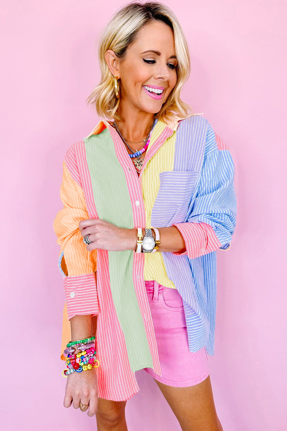 MULTI COLOR STRIPED BUTTON DOWN TOP