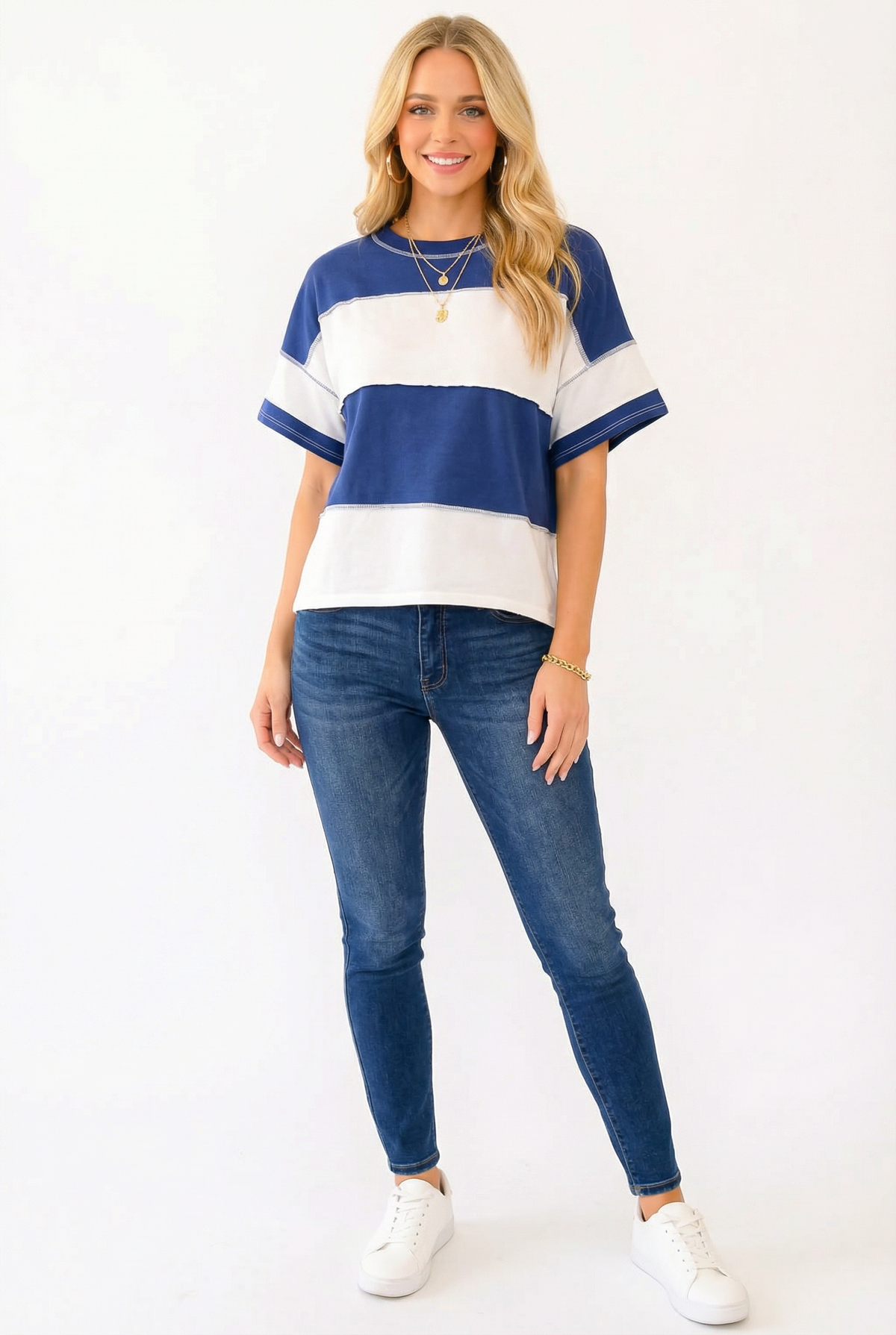 NAVY/WHITE COLORBLOCK EXPOSED SEAM KNIT TOP