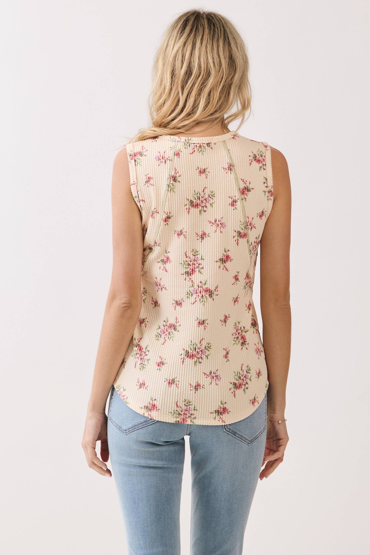 CREAM FLORAL RAISED RIBBED FLORAL TANK TOP