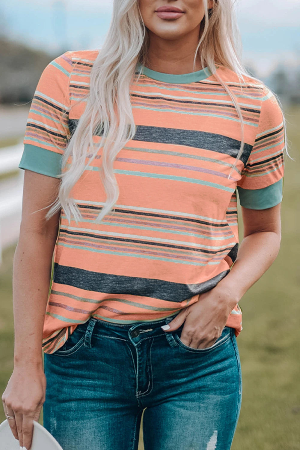 CORAL MULTI COLOR STRPED CREW NECK TSHIRT