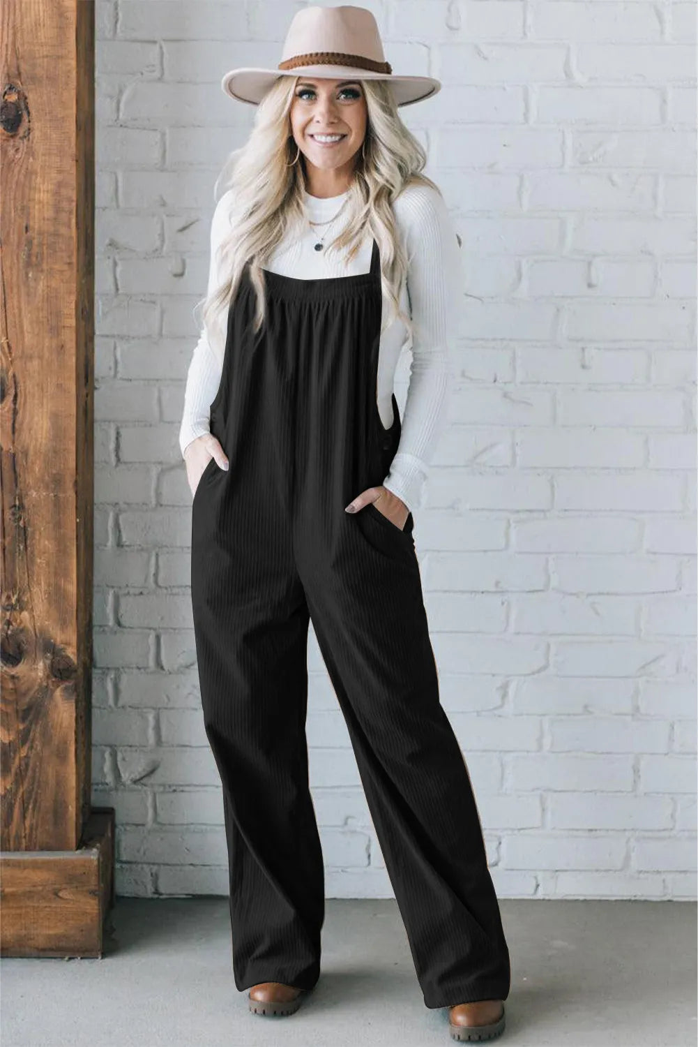 BLACK CORDUROY LOOSE FIT OVERALL