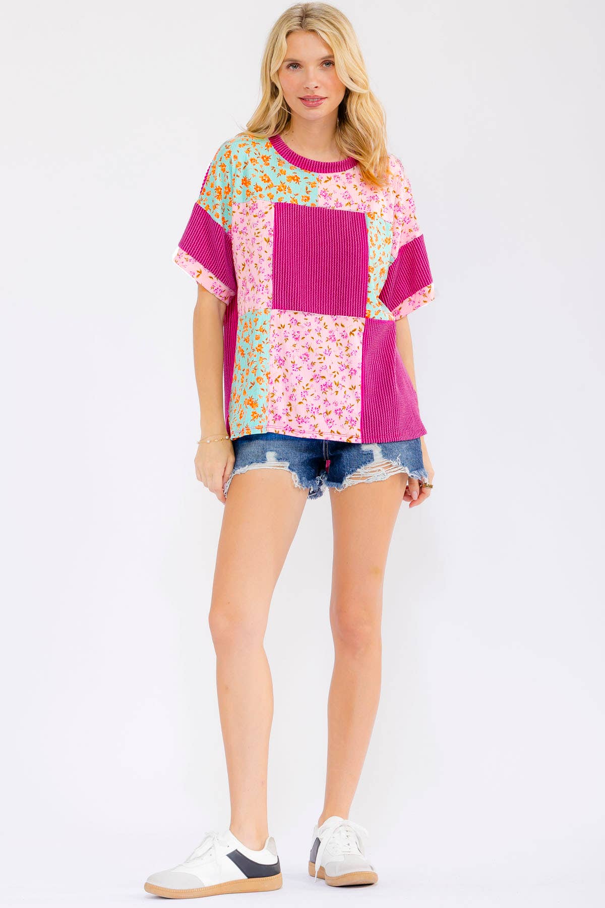 MAGENTA FLORAL PATCHWORK KNIT TOP