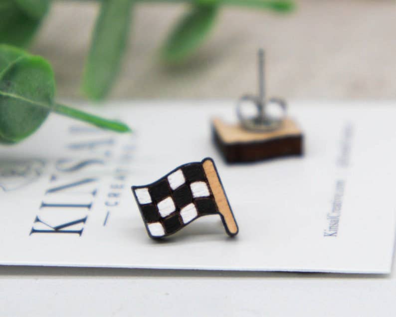 Kinsal Creative - Checkered Flag Wood Stud Earrings