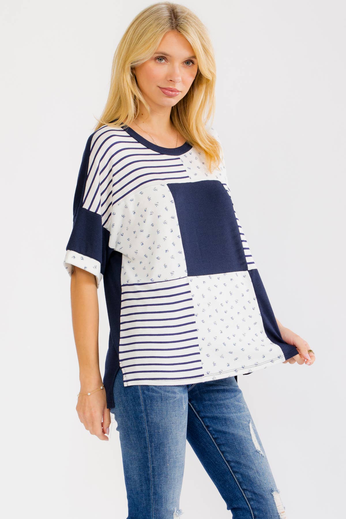 NAVY/WHITE PATCHWORK KNIT TOP