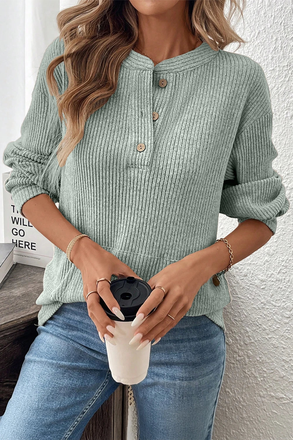 SAGE BRUSHED RIBBED HENLEY TOP W/ KANGAROO POCKET