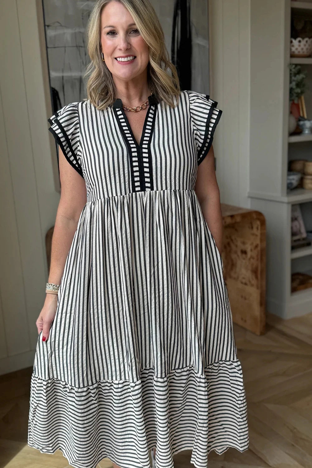 BLACK STRIPED DOUBLE RUFFLE V NECK CONTRAST DRESS