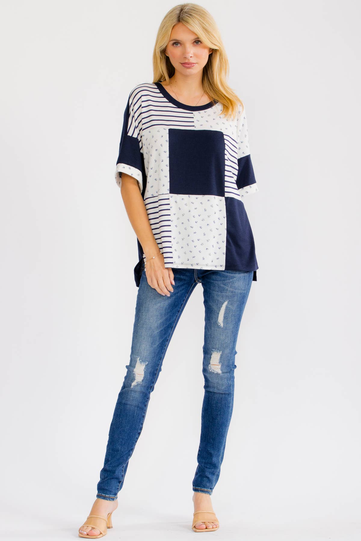 NAVY/WHITE PATCHWORK KNIT TOP
