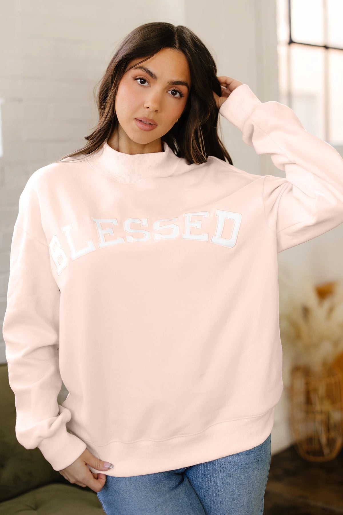 LIGHT PINK BLESSED EMBROIDERED MOCK NECK PULLOVER