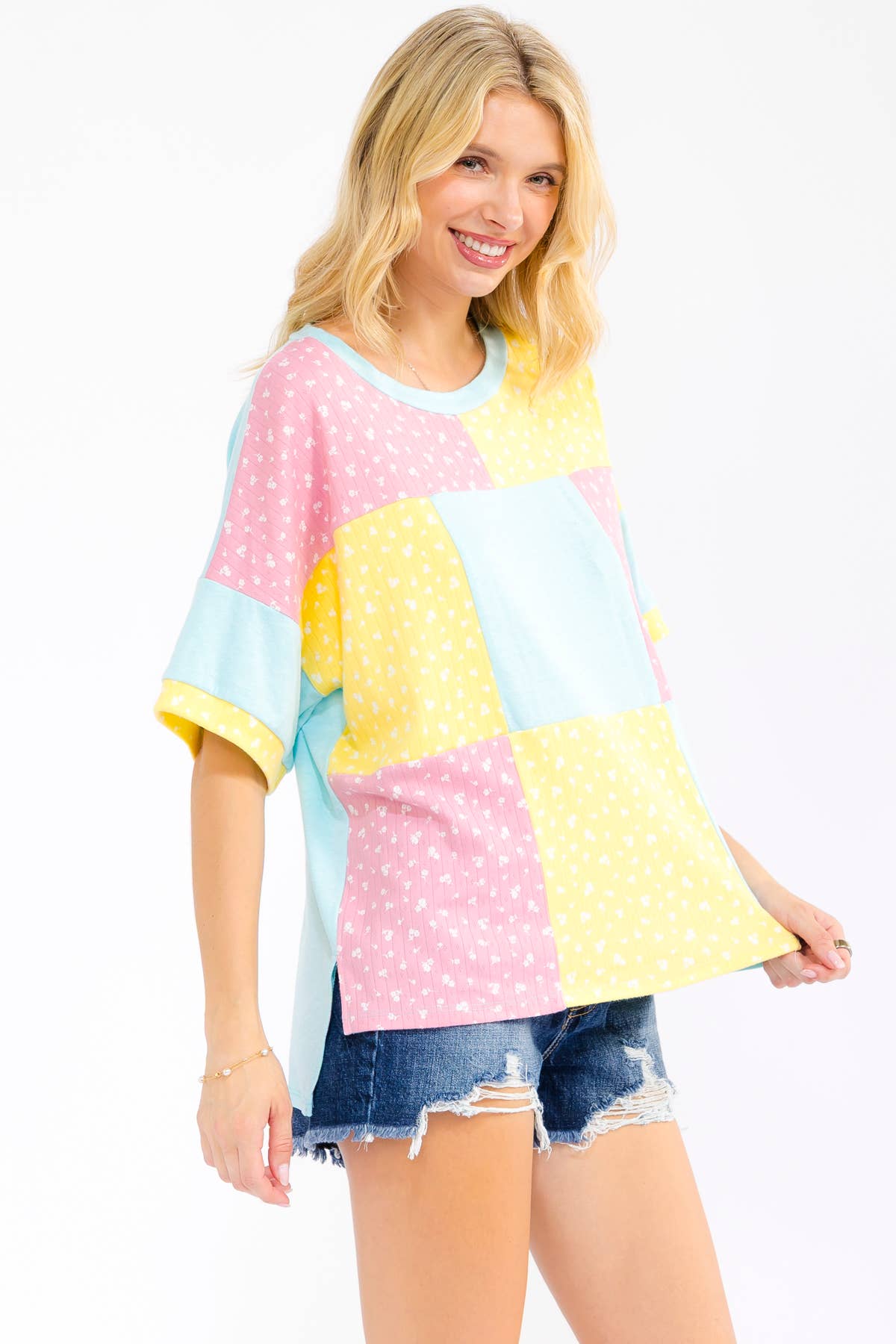 7th Ray - Floral Patchwork Short Sleeve Top T6303: Aqua / S