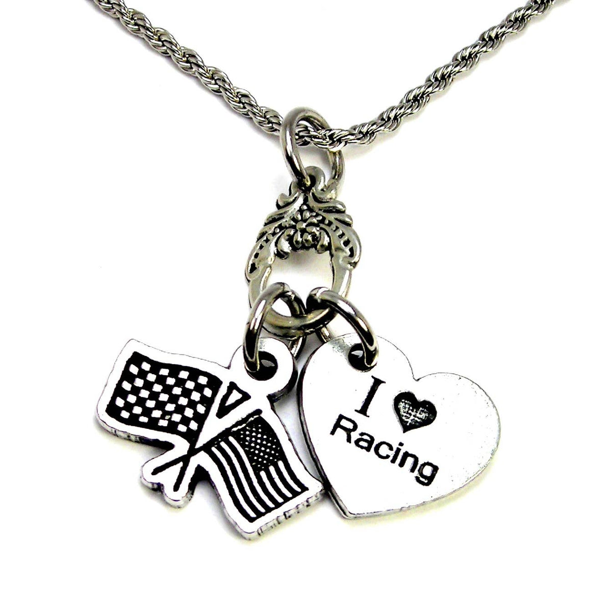 Chubby Chico Charms - Racing flag American flag  I love  racing Chain Necklace