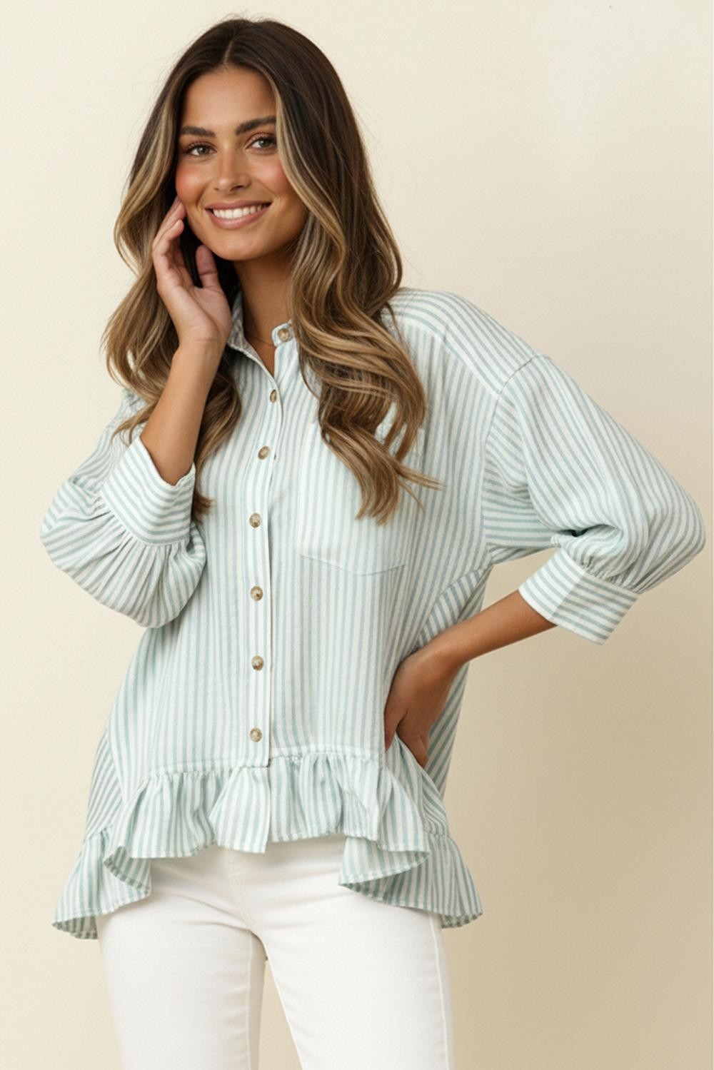 LIGHT BLUE STRIPED BUTTON DOWN RUFFLE TOP
