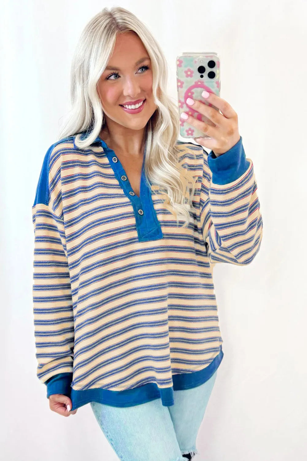 BLUE STRIPED V NECK COLLARED TOP