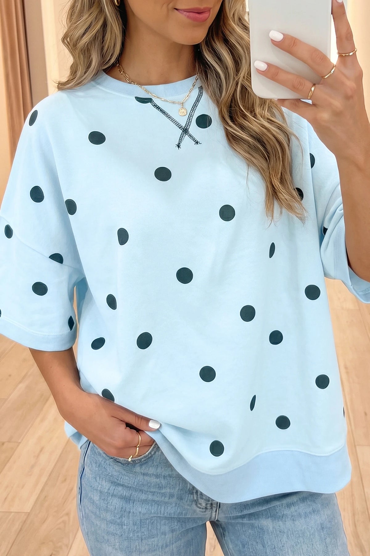 BLUE POLKA DOT SIDE SLIT TOP