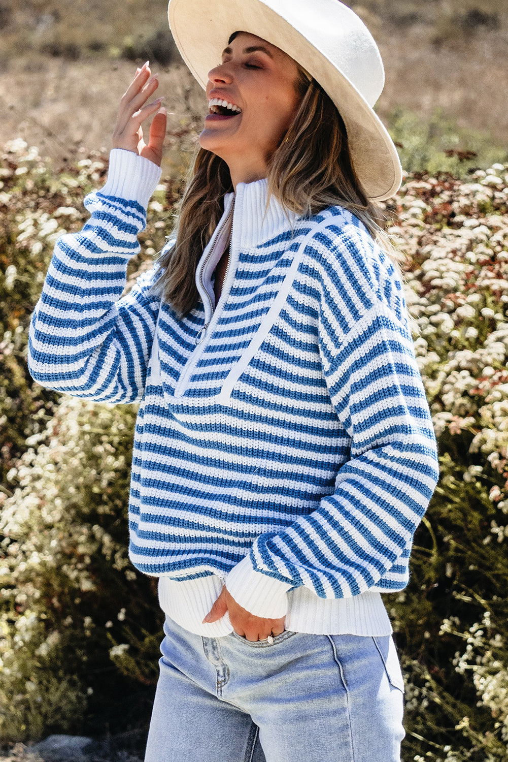 BRIGHT BLUE STRIPED QUARTER ZIP SWEATER