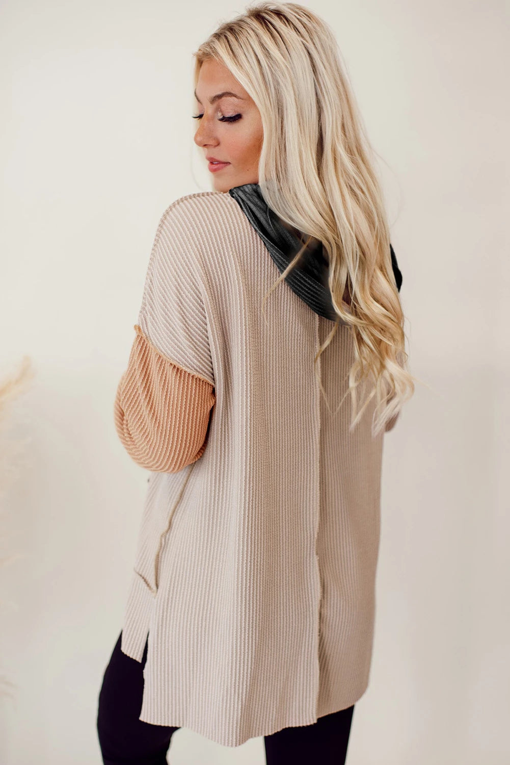 TAUPE/GREY RIBBED COLORBLOCK TUNIC