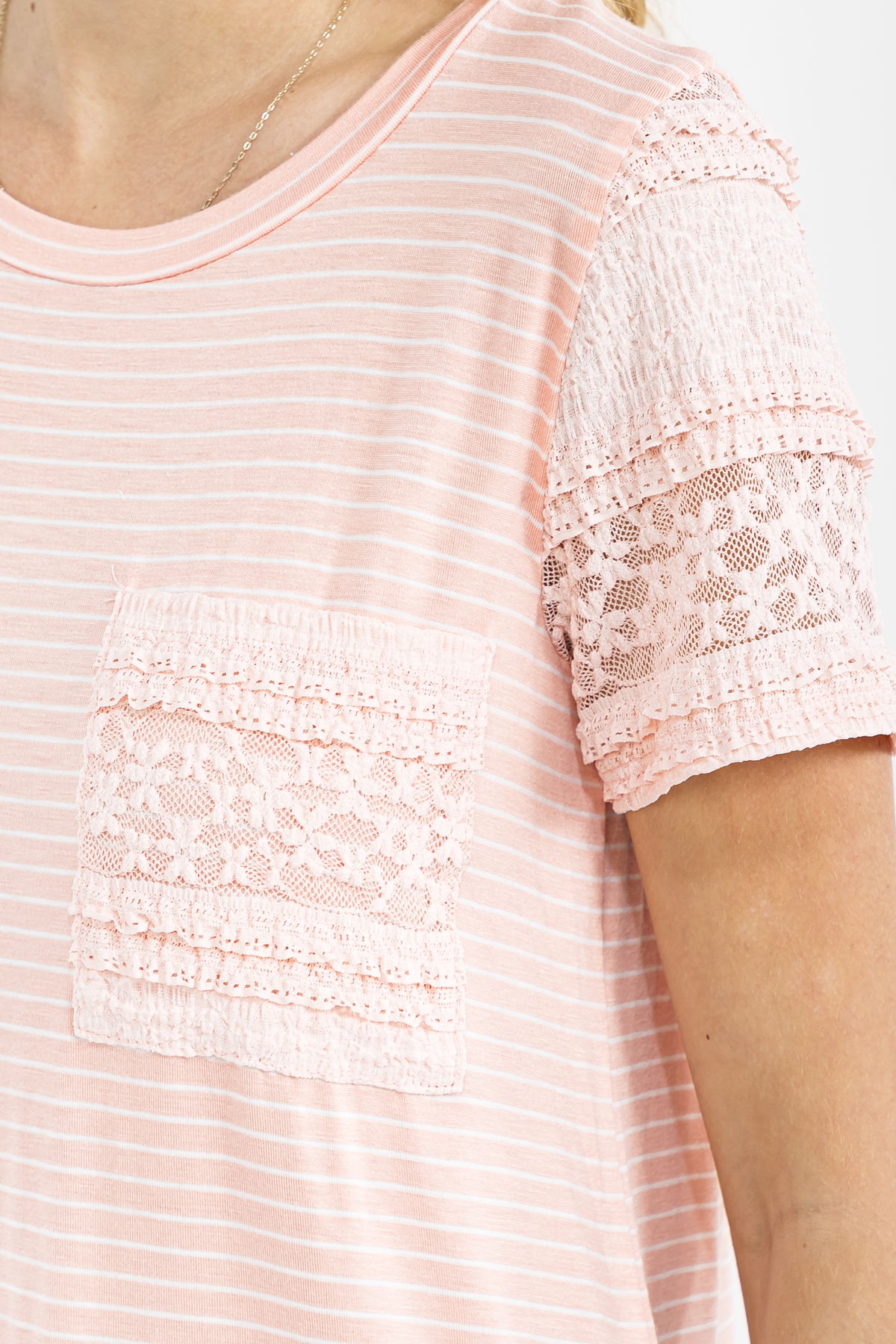PEACH STRIPED KNIT TOP W/ LACE TRIM