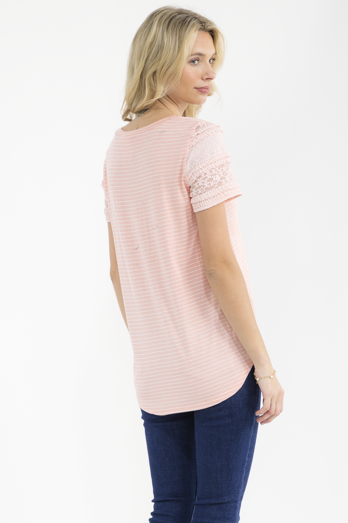 PEACH STRIPED KNIT TOP W/ LACE TRIM