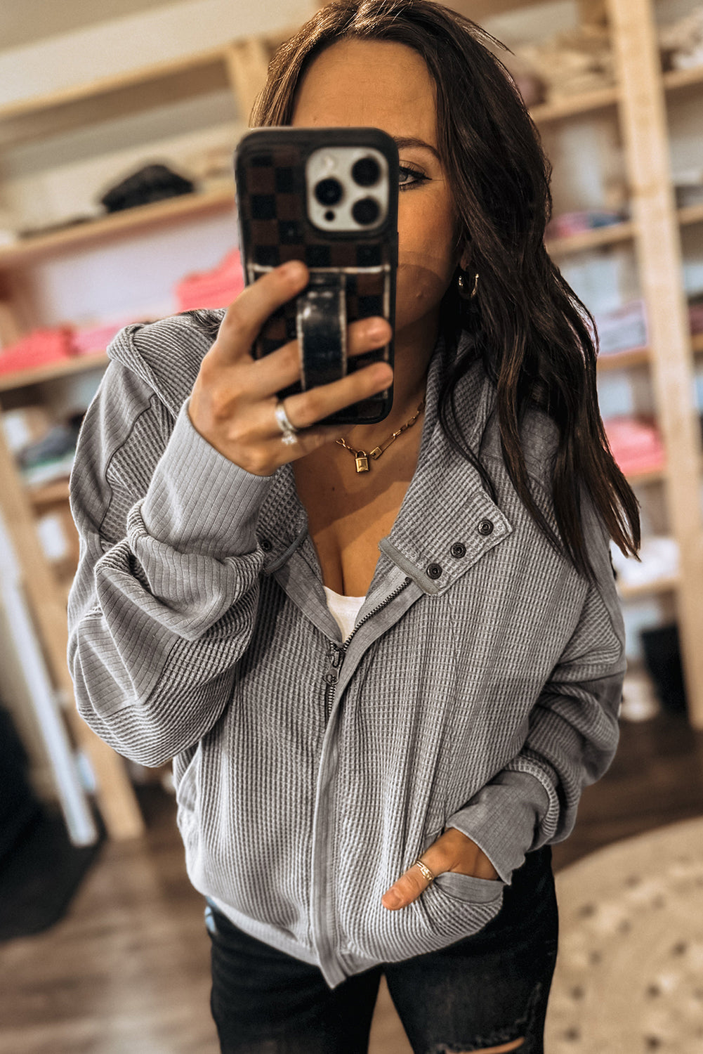 GREY WAFFLE TEXTURED ZIP UP JACKET