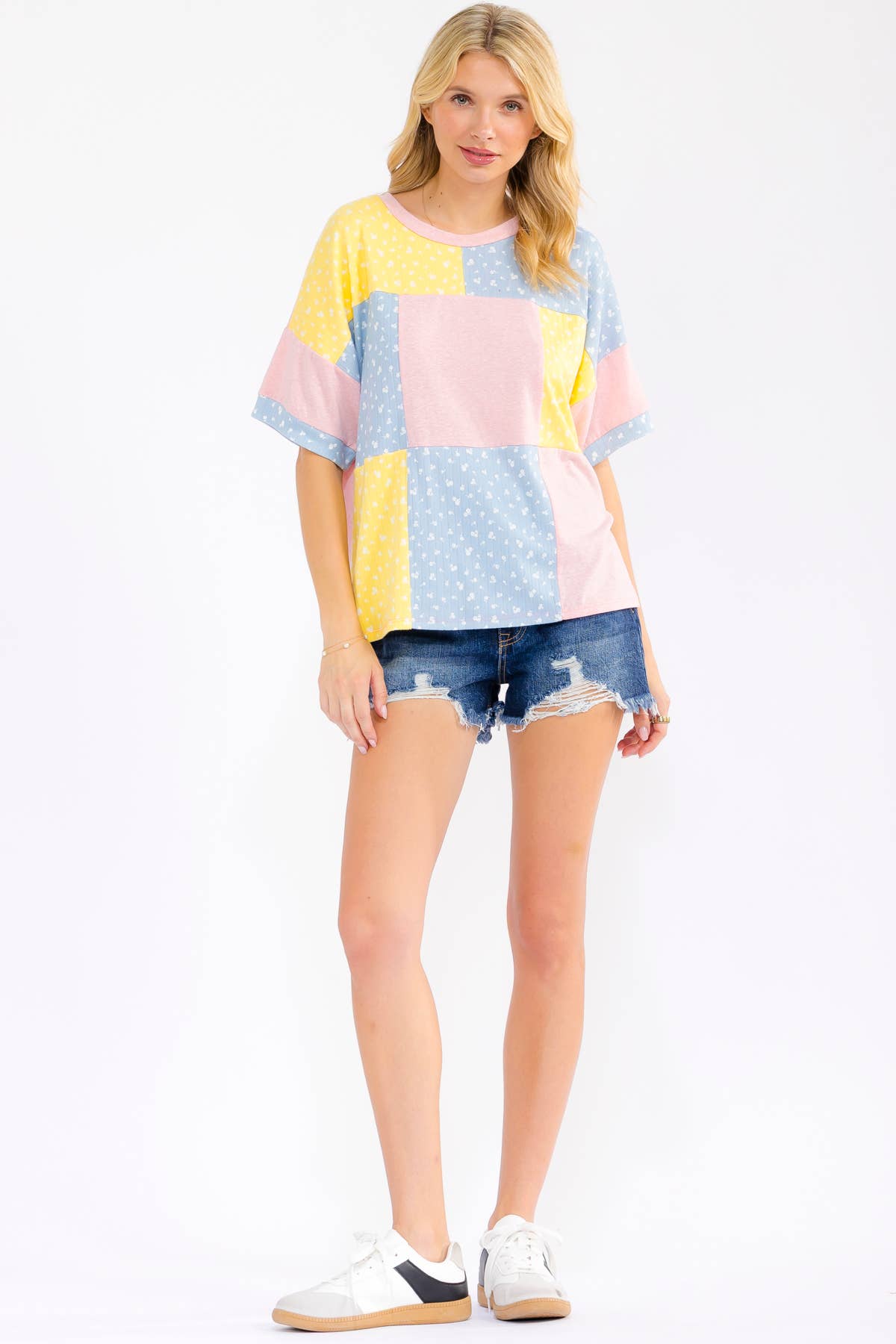 7th Ray - Floral Patchwork Short Sleeve Top T6303: Aqua / S