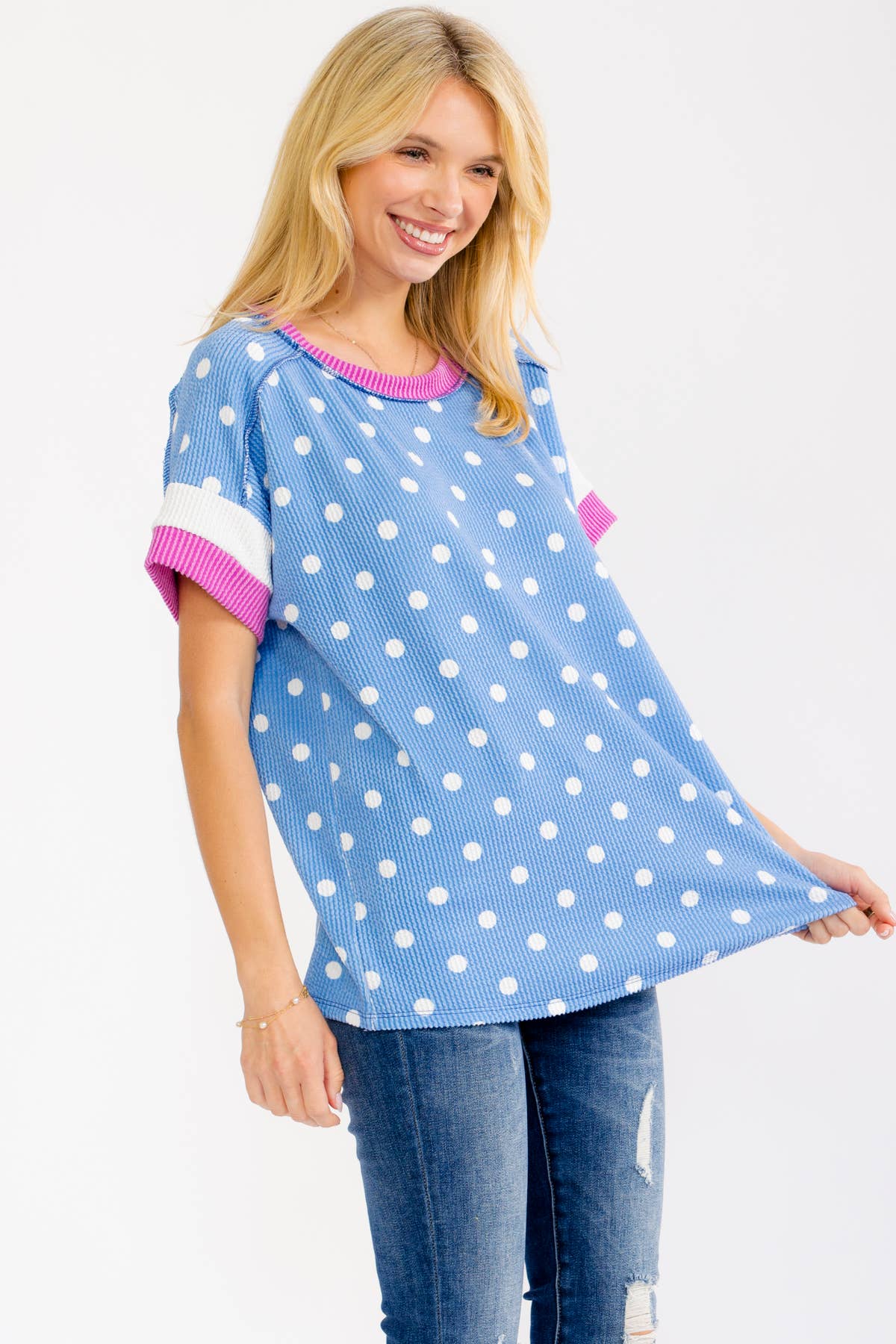 BLUE POLKA DOT RAISED RIBBED KNIT TOP W/ CONTRAST SLEEVE