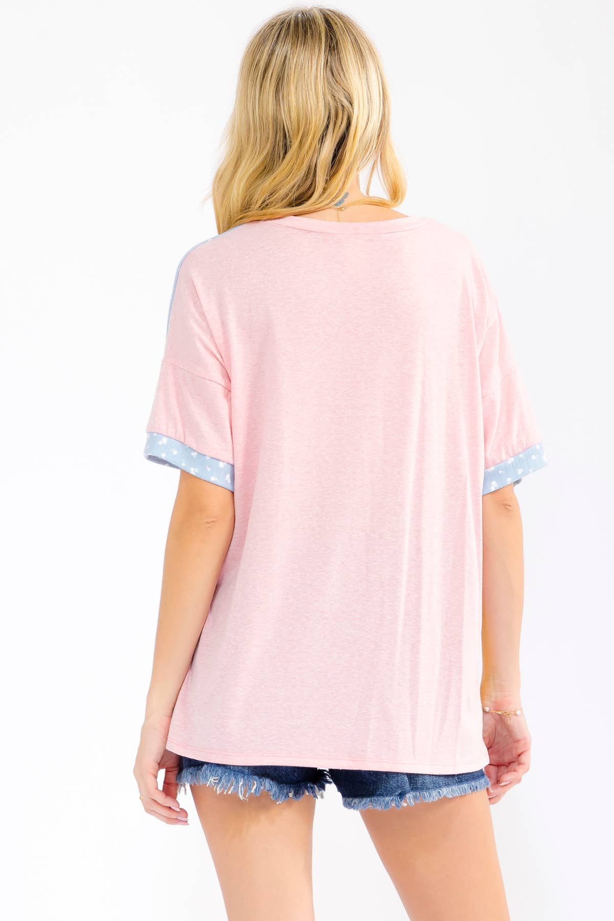 7th Ray - Floral Patchwork Short Sleeve Top T6303: Aqua / S