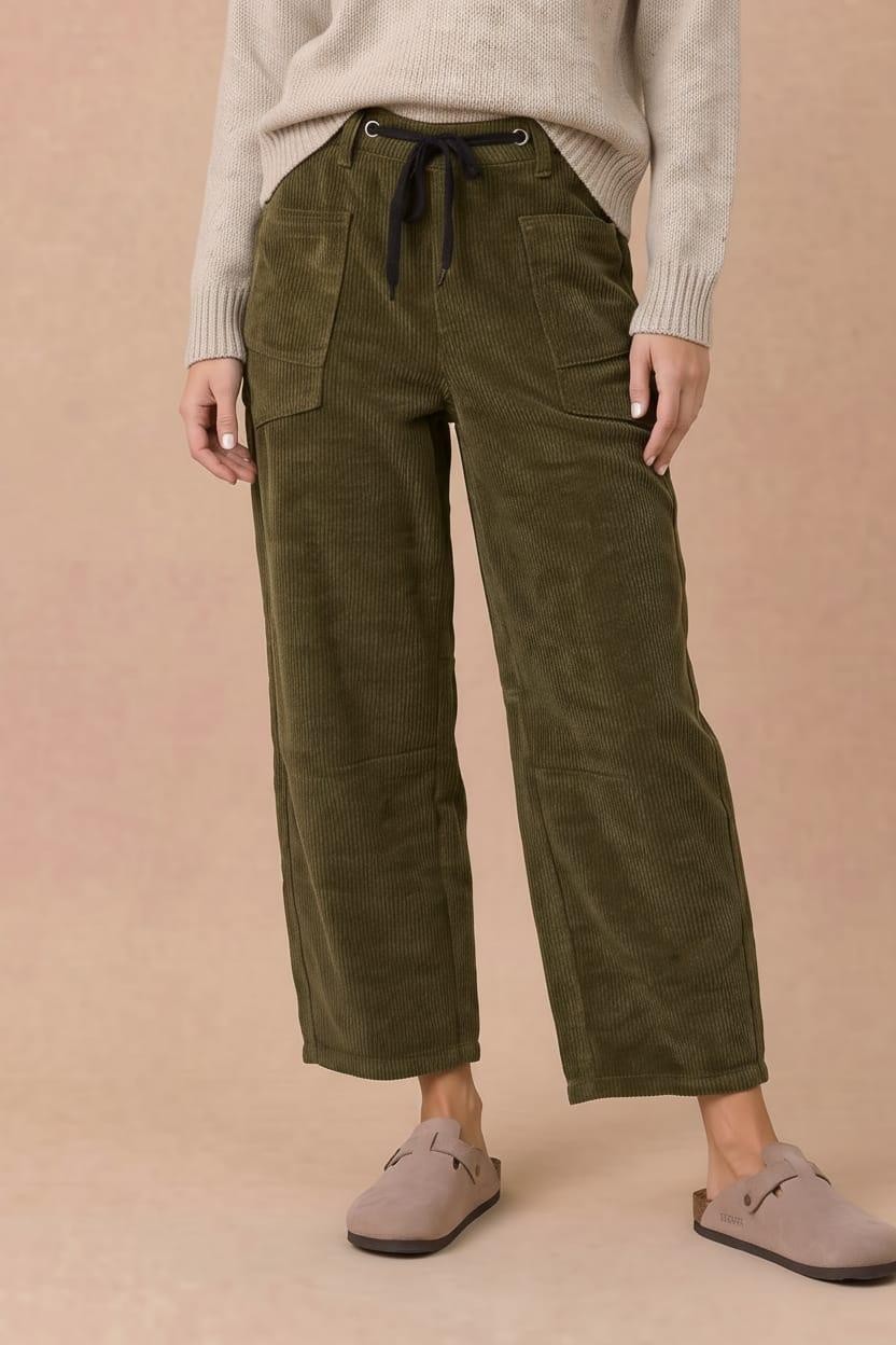 OLIVE CORDED BARREL PANTS