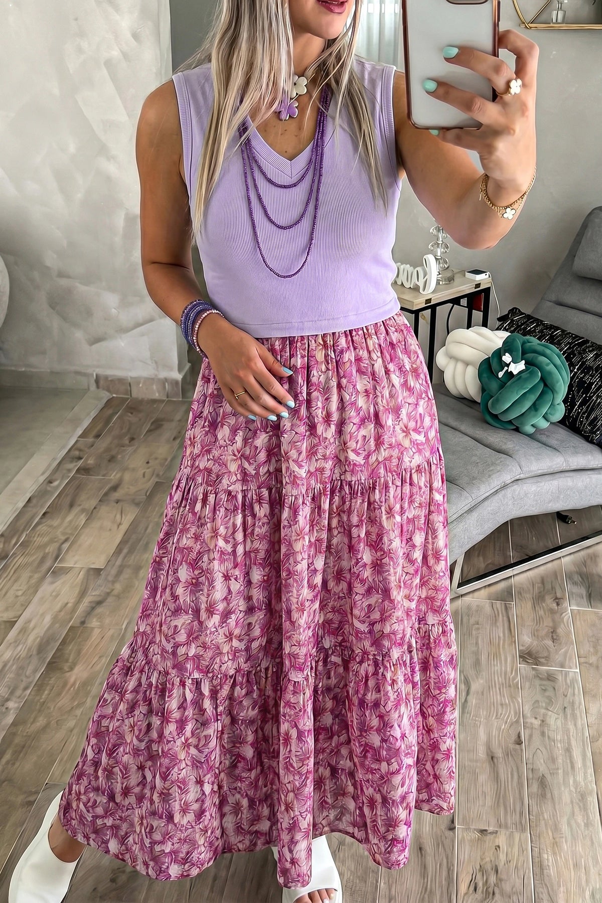 PURPLE RIBBED TANK DRESS W/ FLORAL SKIRT