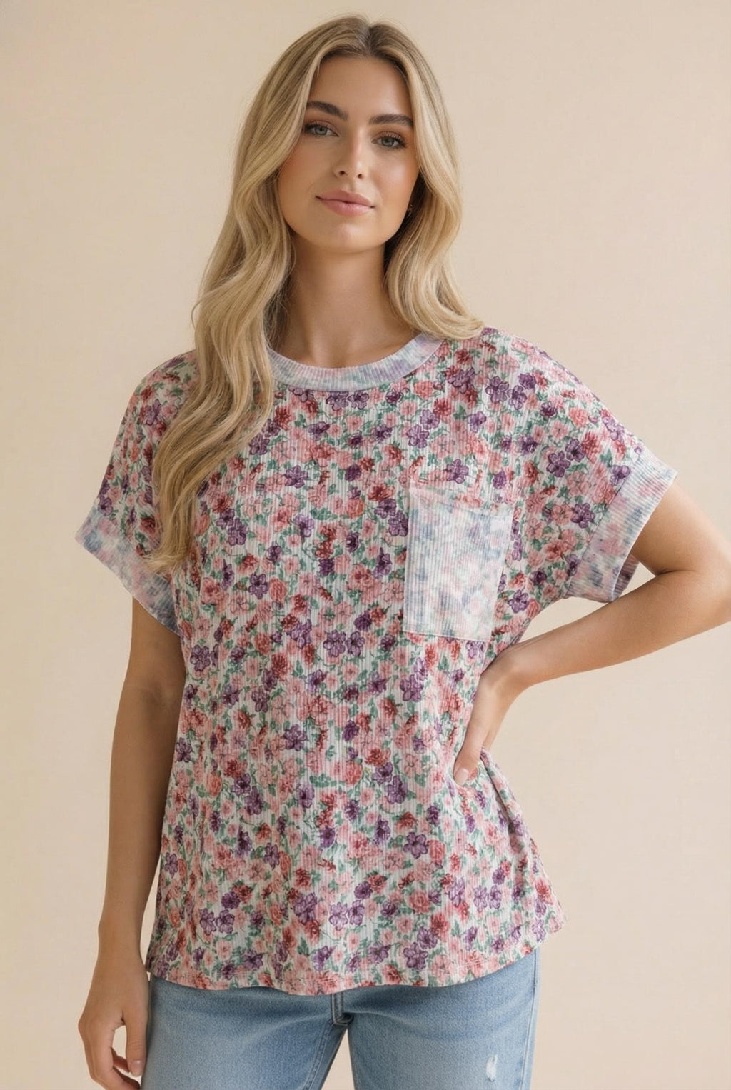 Pink Lavender Floral Ribbed Knit Pocket Top - Women's Stretch Top S-3X ...