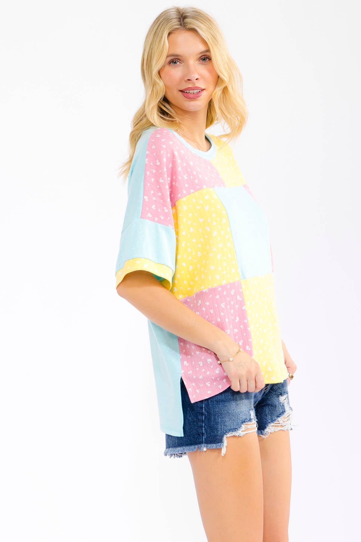 7th Ray - Floral Patchwork Short Sleeve Top T6303: Aqua / S