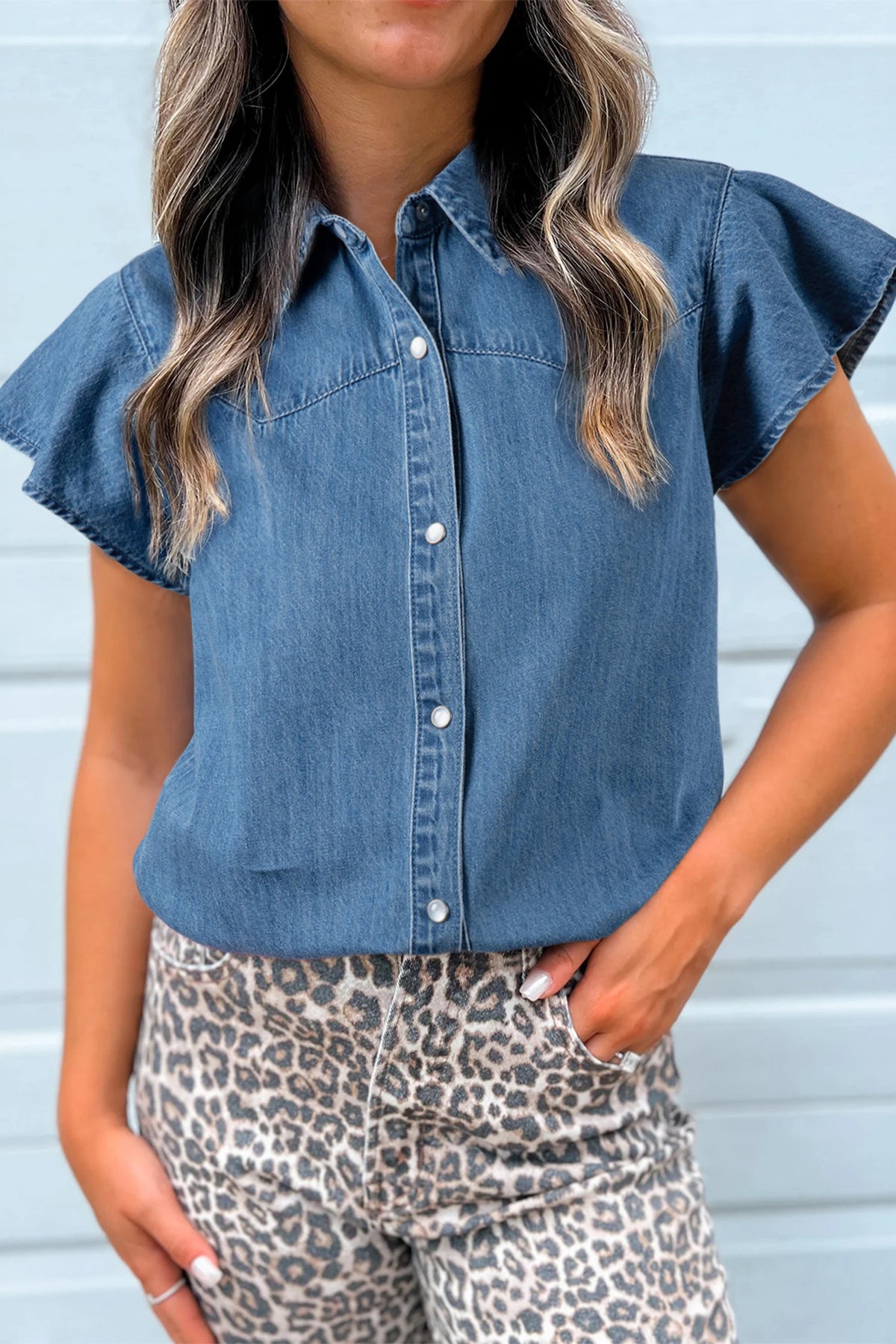 DENIM SHORT SLEEVE BUTTON DOWN RUFFLE SLEEVE TOP