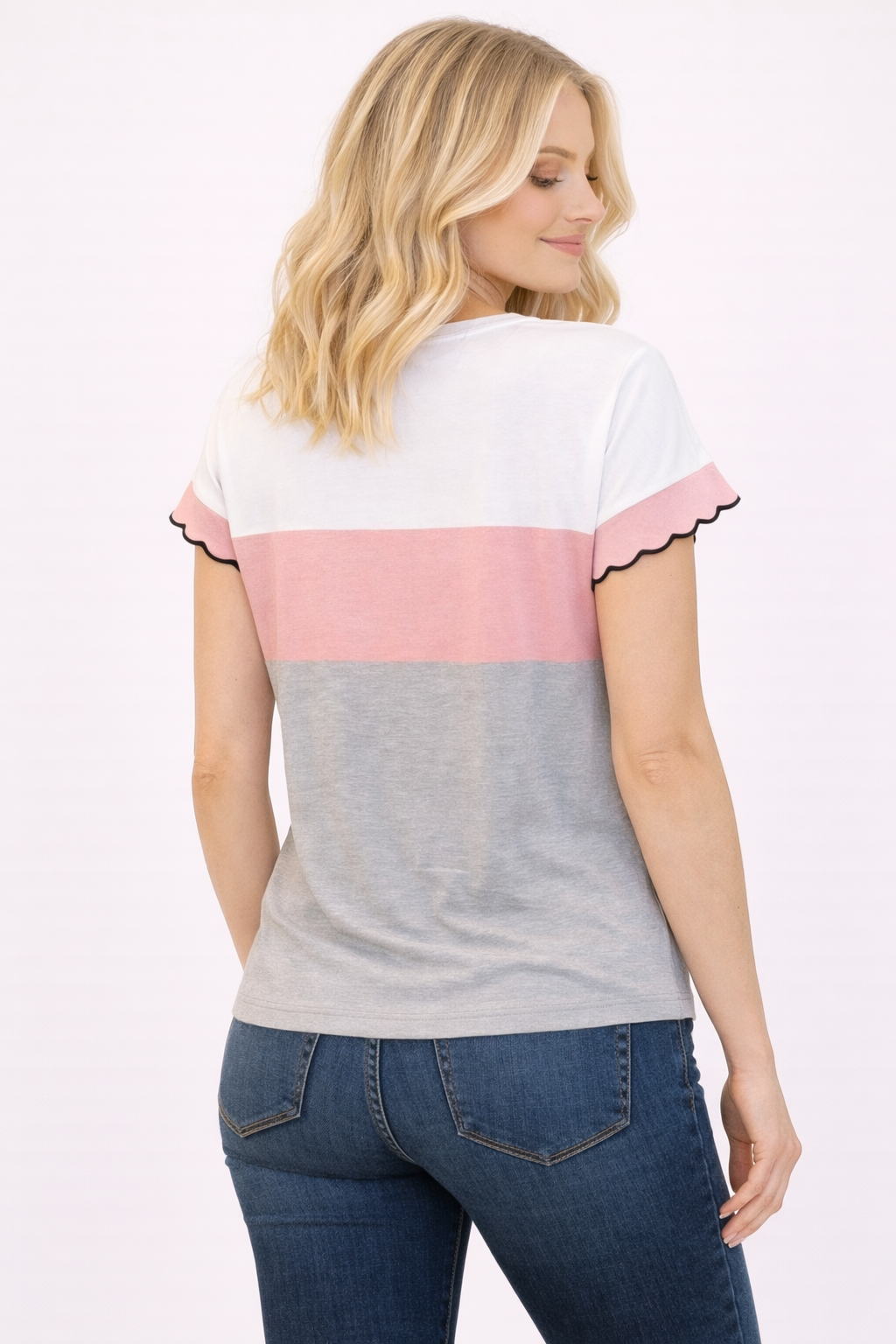 WHITE/PINK/GREY COLORBLOCK KNIT TOP W/ SCALLOPED EDGE
