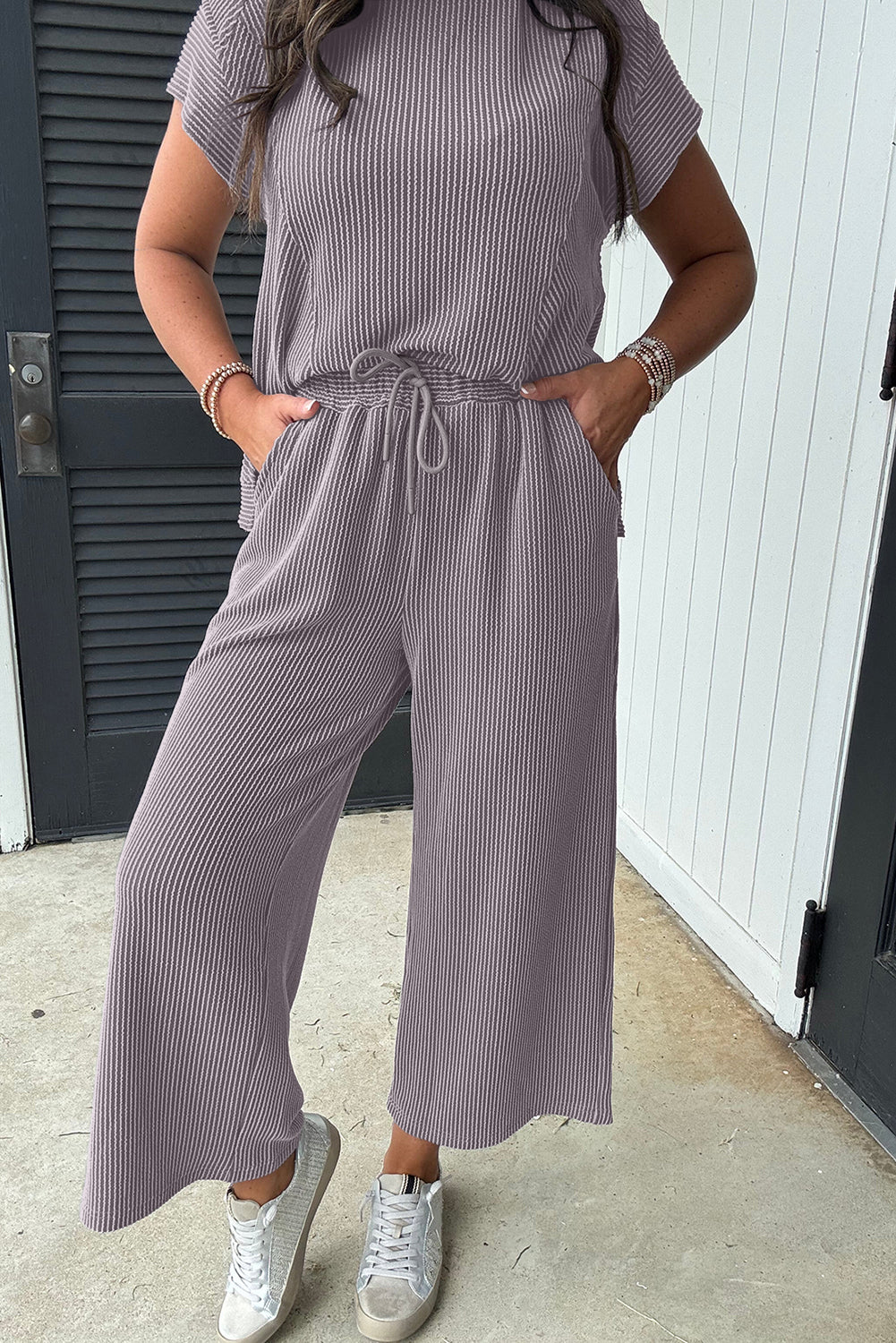 GREY RAISED RIBBED WIDE LEG PANT SET