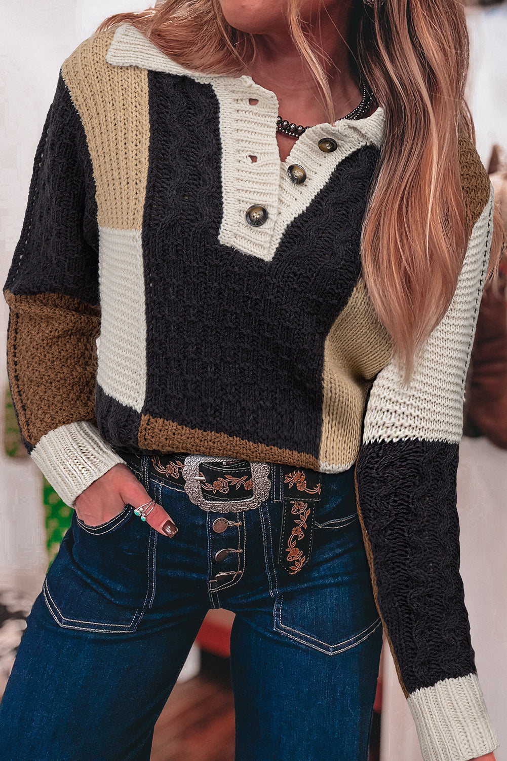 MULTI COLOR CABLE KNIT BUTTON DETAIL CHUNKY SWEATER