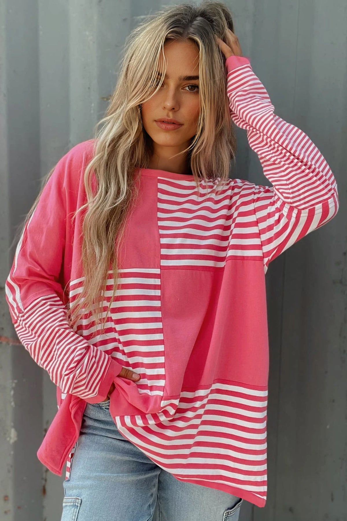 PINK BLOCK STRIPED DROP SHOULDER LONG SLEEVE OVERSIZED TOP