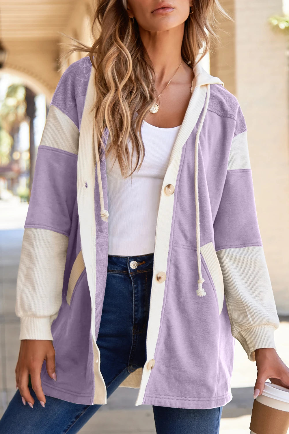 LAVENDER WAFFLE CONTRAST LOOSE FIT BUTTON UP HOODIE