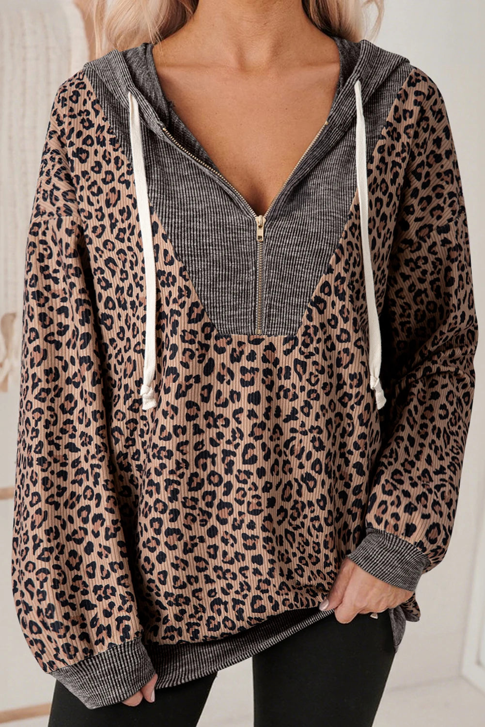 BROWN RIBBED LEOPARD HALF ZIP PULLOVER