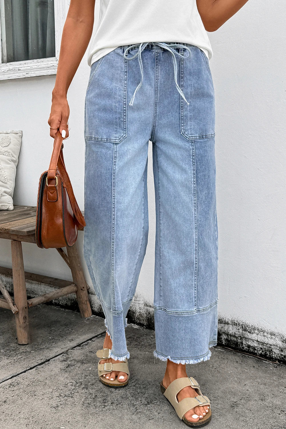 LIGHT DENIM WIDE LEG DRAWSTRING JEANS