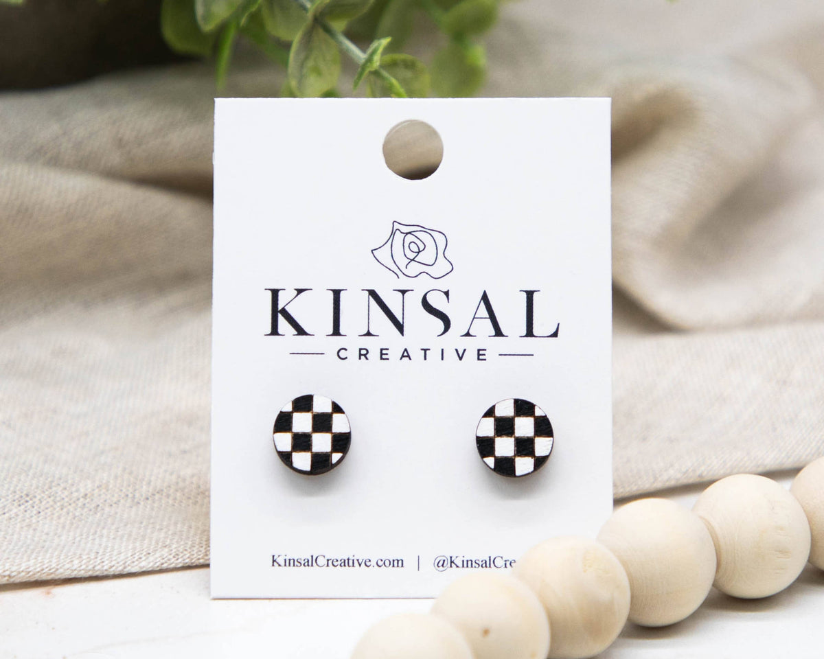 Kinsal Creative - Checkerboard Wood Stud Earrings: Heart