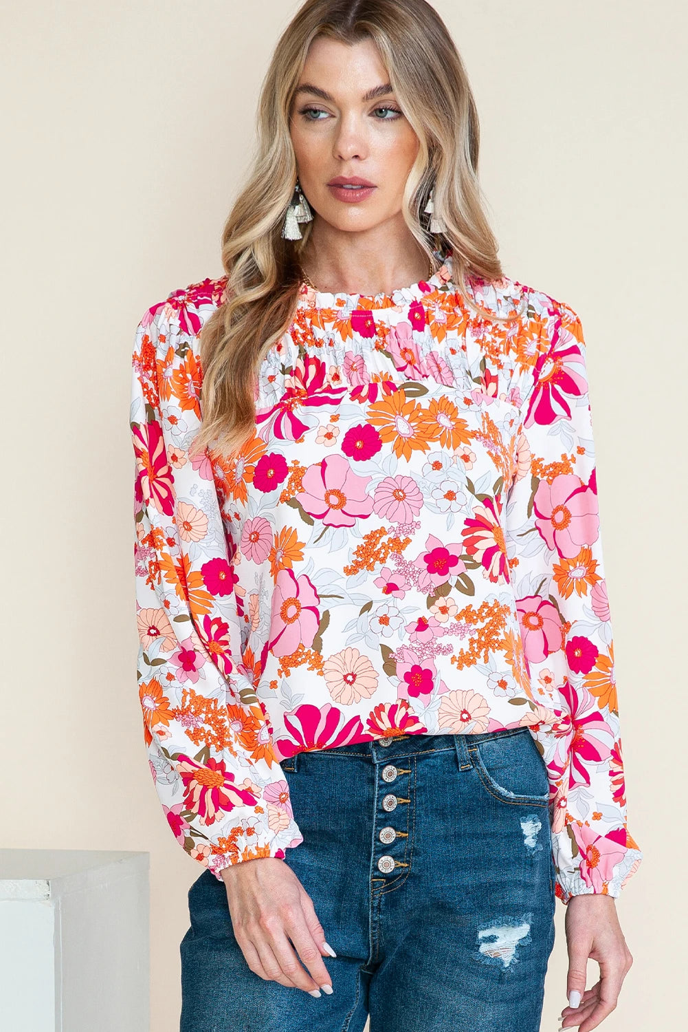 WHITE FLORAL PRINT FRILL NECKLINE TOP