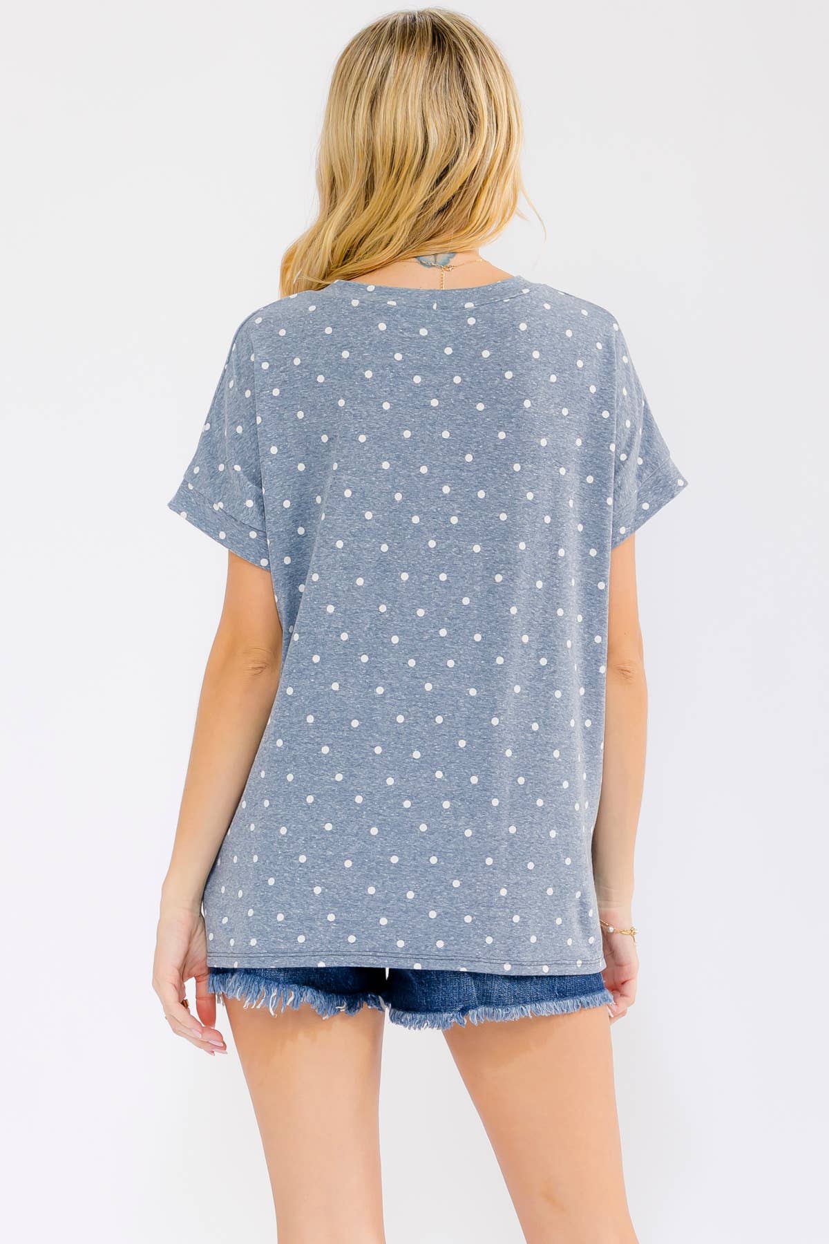 HEATHERED DENIM POLKA DOT KNIT TOP