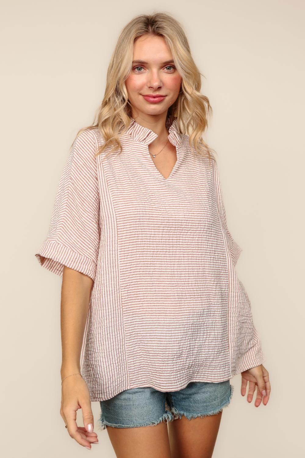MAUVE PIN STRIPED OVERSIZED WOVEN DOLMAN TOP W/ FRILL NOTCH NECKLINE