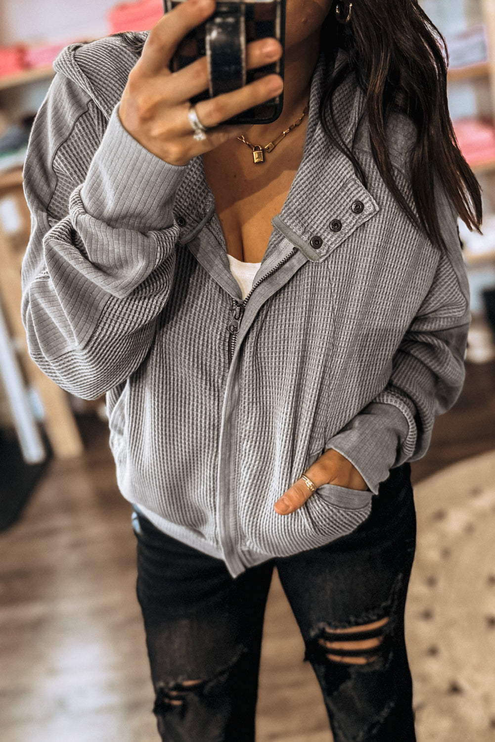 GREY WAFFLE TEXTURED ZIP UP JACKET