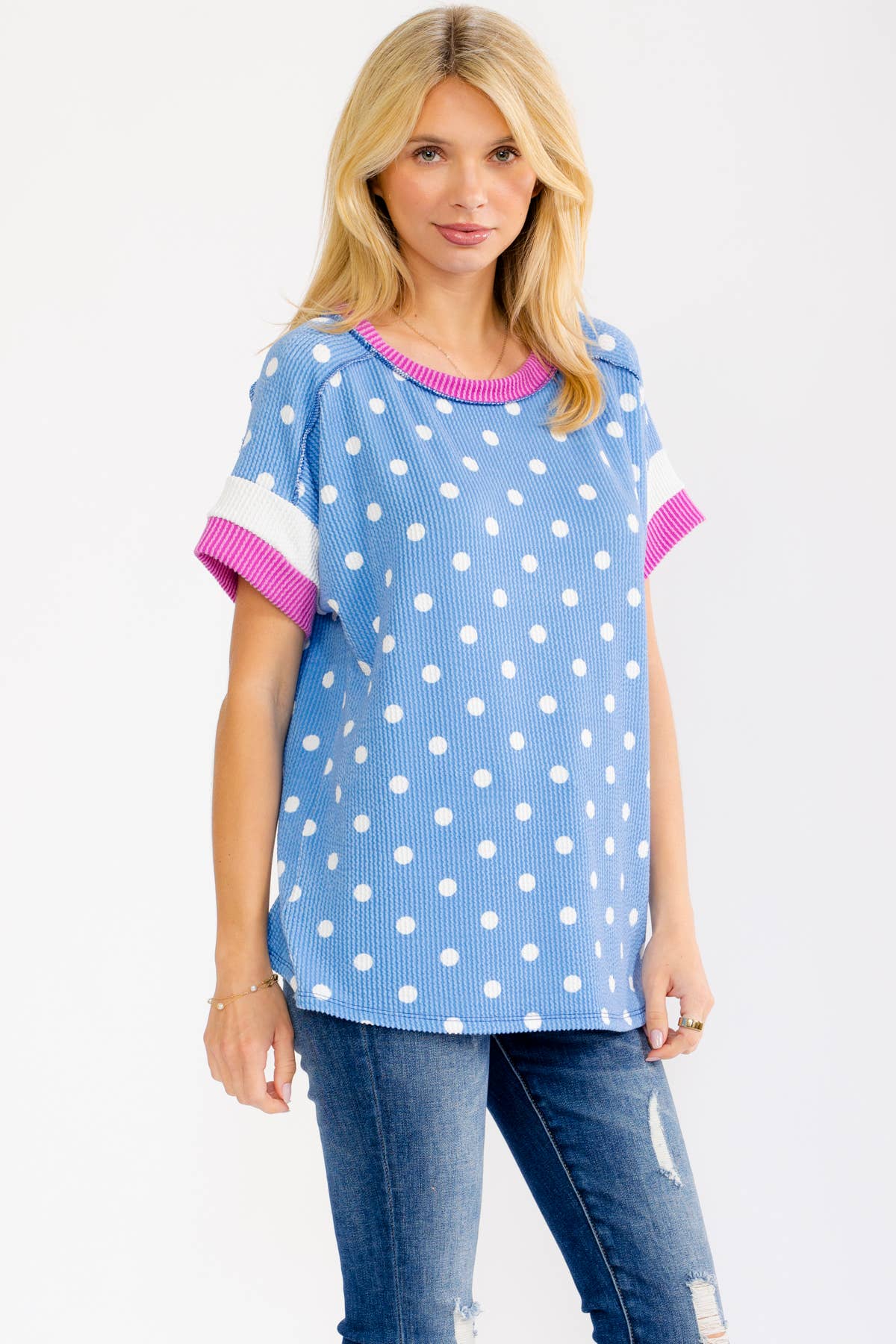 BLUE POLKA DOT RAISED RIBBED KNIT TOP W/ CONTRAST SLEEVE