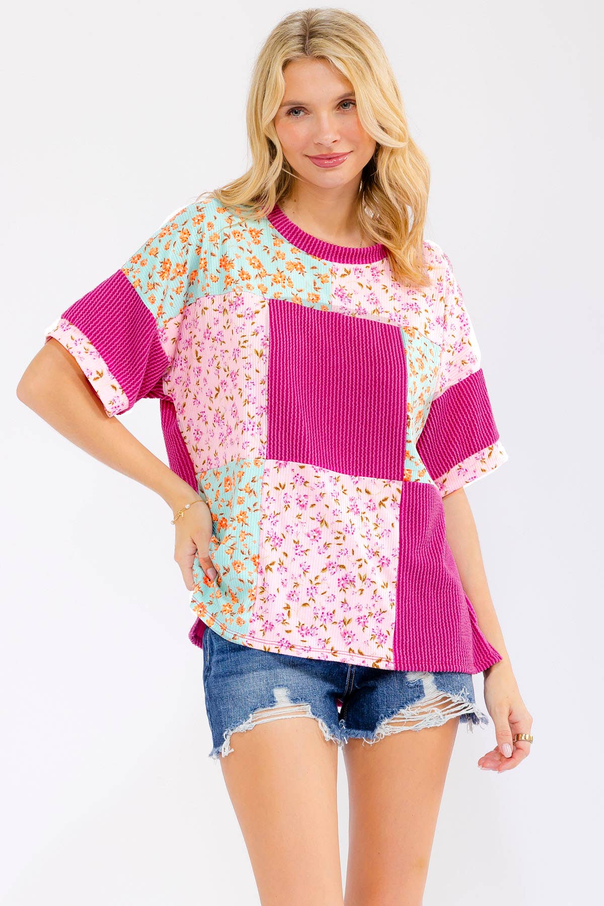 MAGENTA FLORAL PATCHWORK KNIT TOP