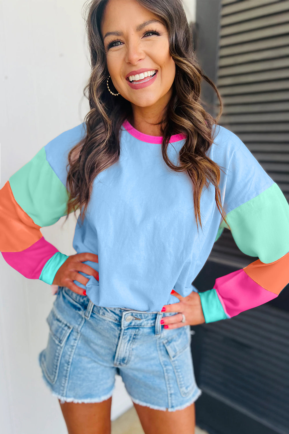 BLUE KNIT TOP W/ BRIGHT COLORBLOCK SLEEVES