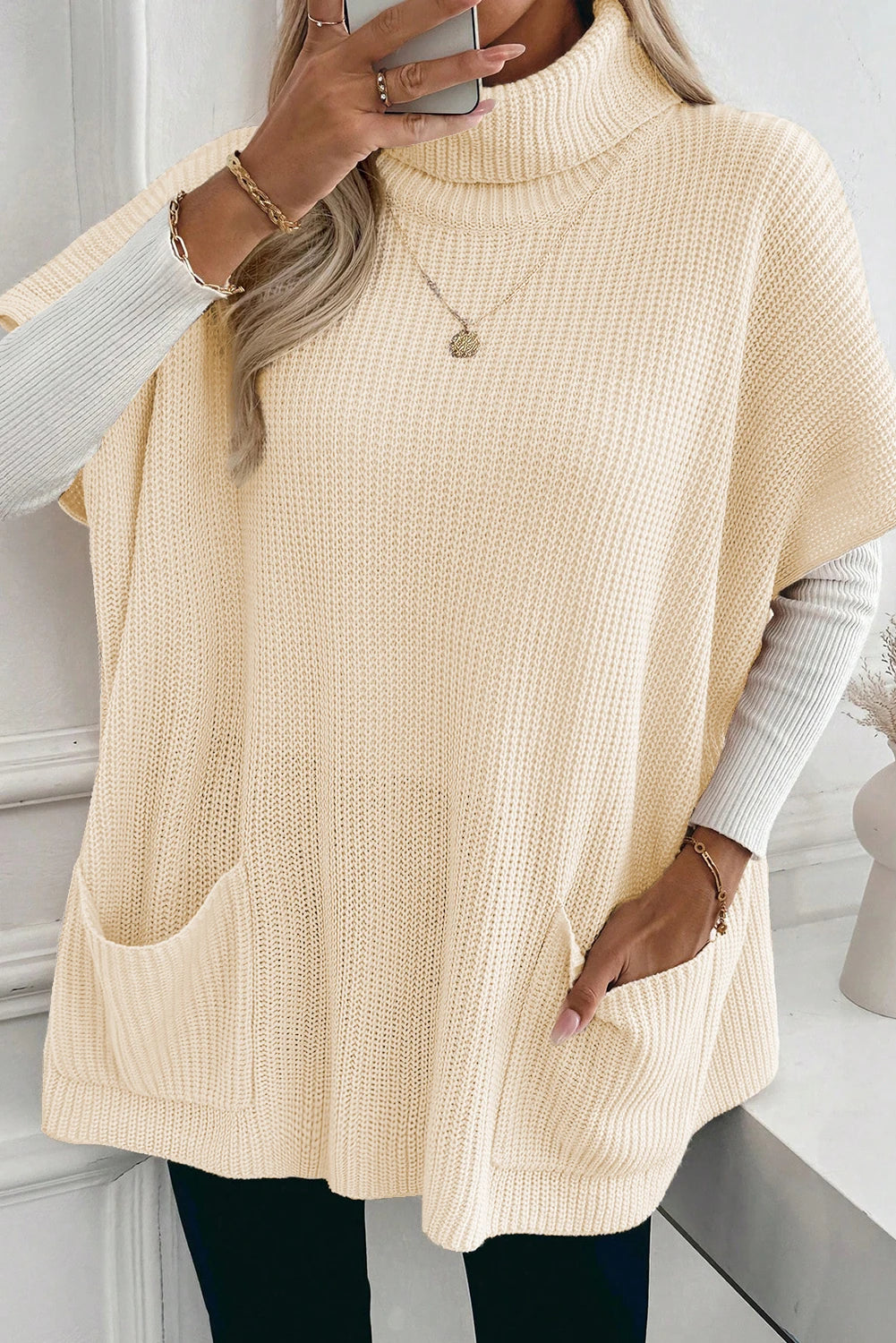 CREAM TURTLENECK TUNIC SWEATER WITH POCKETS