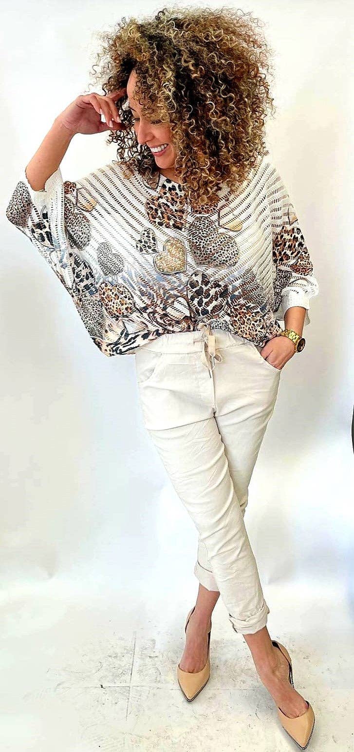 Leopard Heart V Crochet Mesh Knit: Stone