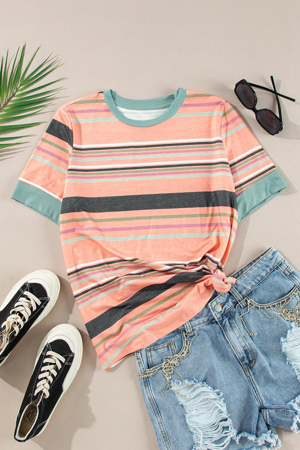 CORAL MULTI COLOR STRPED CREW NECK TSHIRT